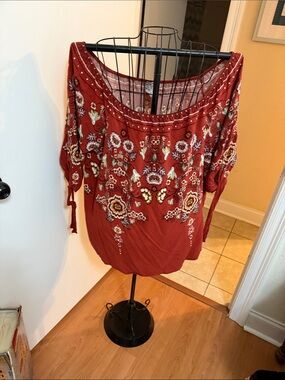 Embroidered Boho Off-Shoulder Top in Rust